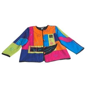 Indigo Moon Jacket Womens Large Colorful Patchwork Embroidered Boho Artsy Hippie